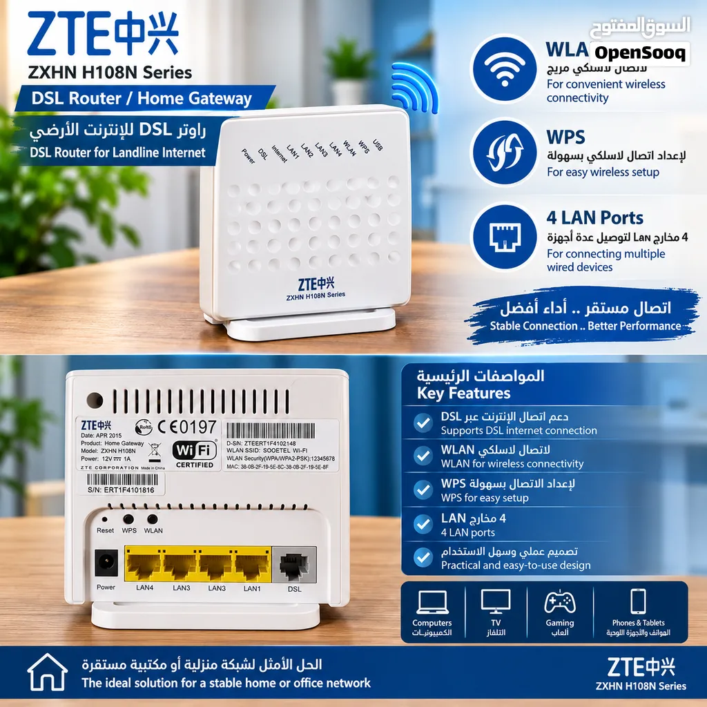ZTE DSL Router for Landline Internet Model ZXHN H108N Power 12V - 1A 2