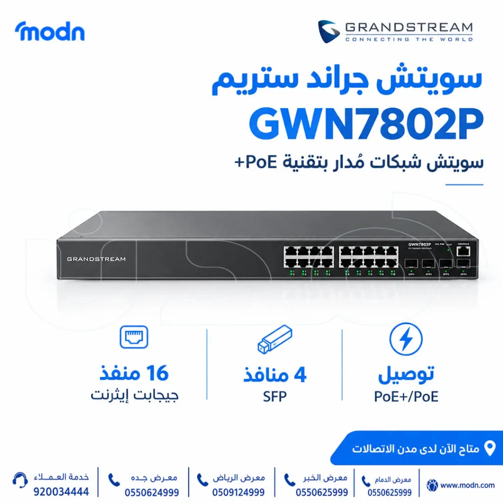سويتش جراند ستريم GWN7802P - سويتش شبكات + PoE متاح الآن لدى مدن الاتصالات اذا كنت تبحث عن سويتش شبكات مدار للشركات والمكاتب، فإن سويتش