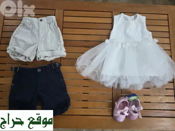 👶 ملابس أطفال كيوت: فستان بناتي باليرينا أبيض وشورتات أولاد (كحلي وبيج) | تسوق الآن!