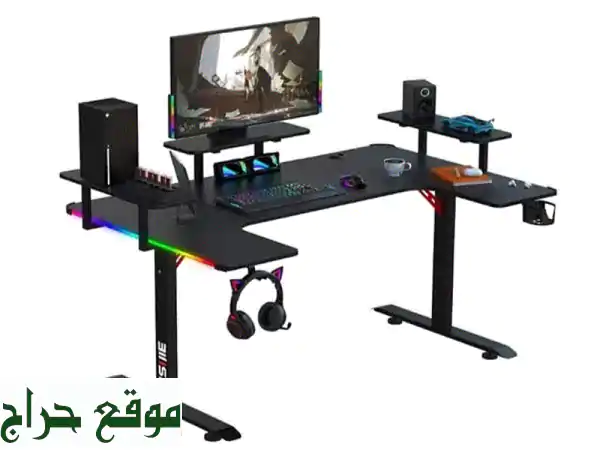 🚀 مكتب قيمنق U شكل 160 سم U8 RGB: ألياف كربون | إضاءة RGB | حامل أكواب وسماعات | جديد بضمان سنة!