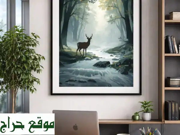 اكتشف الهدوء: لوحة فنية منظر طبيعي | غابة هادئة بغزال وجدول ماء – برواز ديكور يضفي لمسة ساحرة 3