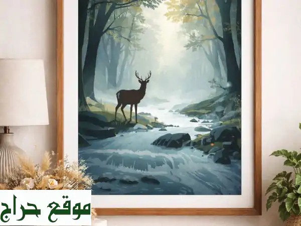 اكتشف الهدوء: لوحة فنية منظر طبيعي | غابة هادئة بغزال وجدول ماء – برواز ديكور يضفي لمسة ساحرة 4