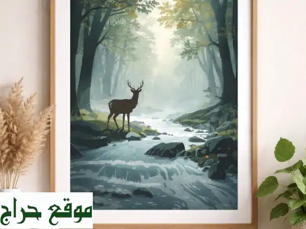 اكتشف الهدوء: لوحة فنية منظر طبيعي | غابة هادئة بغزال وجدول ماء – برواز ديكور يضفي لمسة ساحرة