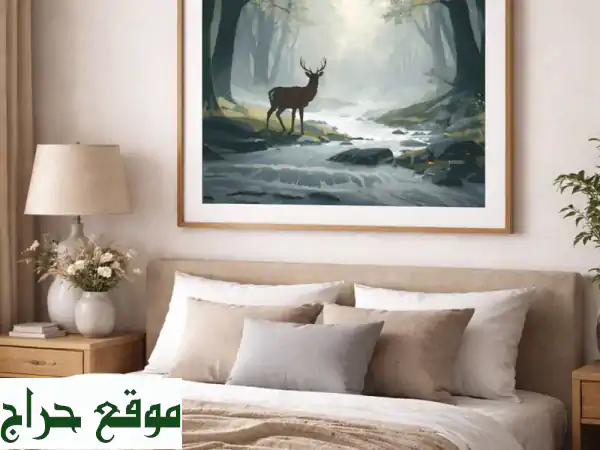 اكتشف الهدوء: لوحة فنية منظر طبيعي | غابة هادئة بغزال وجدول ماء – برواز ديكور يضفي لمسة ساحرة 2