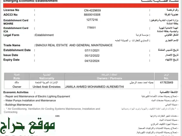 بلاغ عن رخصة ادارة وتأجير عقارات وصيانة عامة...