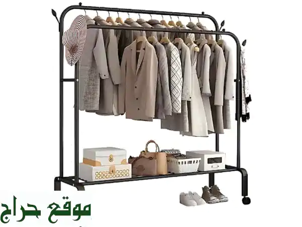 Double Pole Coat Rack with Shoe Shelf and Wheels, Metal Design