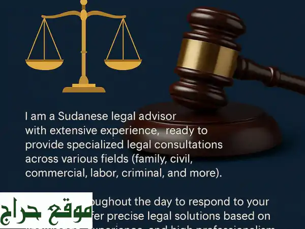 هل لديك قضية قانونية وتبحث عن استشارة موثوقة أنا مستشار قانوني سوداني بخبرة طويلة، جاهز لتقديم ...