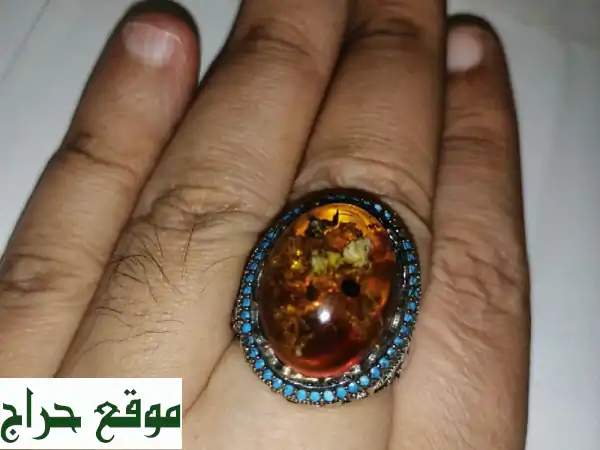 خاتم فضة 925 عتيق بفص كهرمان حشري نادر - قطعة فريدة من نوعها!