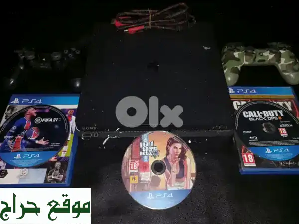 بلايستيشن 4 مستعمل بحالة ممتازة + 2 دراعات + 3 ألعاب (GTA V, FIFA 21, Call of Duty) - 199$ فقط!