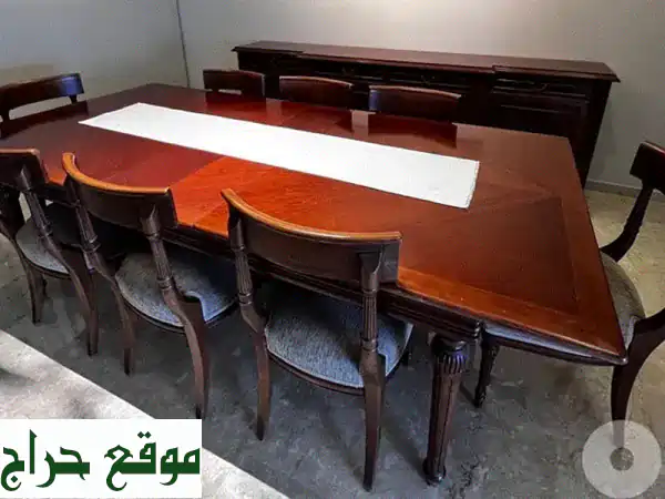 طقم سفرة فاخر من خشب طبيعي - 8 كراسي، طاولة، دولاب جانبي!