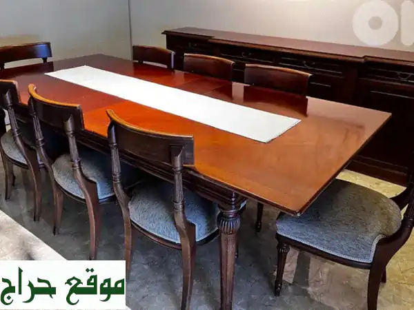 طقم سفرة فاخر من خشب طبيعي - 8 كراسي، طاولة، دولاب جانبي!