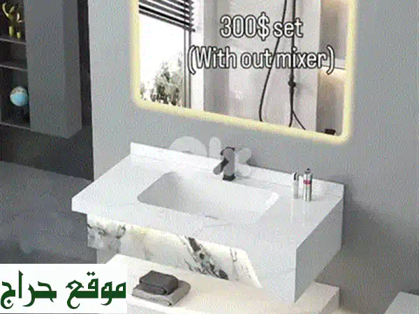 مغسلة رخام فاخرة مع مراية LED - تصميم أنيق وعصري لحمامك