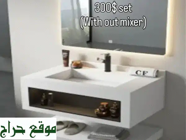 مغسلة رخام فاخرة مع مراية LED - تصميم أنيق وعصري لحمامك