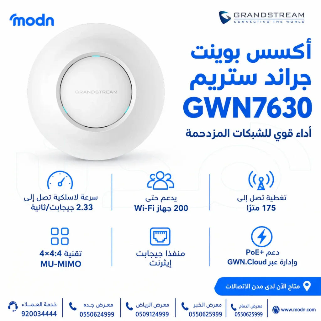 أكسس بوينت جراند ستريم GWN7630 أكسس بوينت جراند ستريم GWN7630 بسرعة 2.33 جيجا بت متاح الآن لدى مدن للاتصالات السعودية يوفر أكسس بوينت جراند