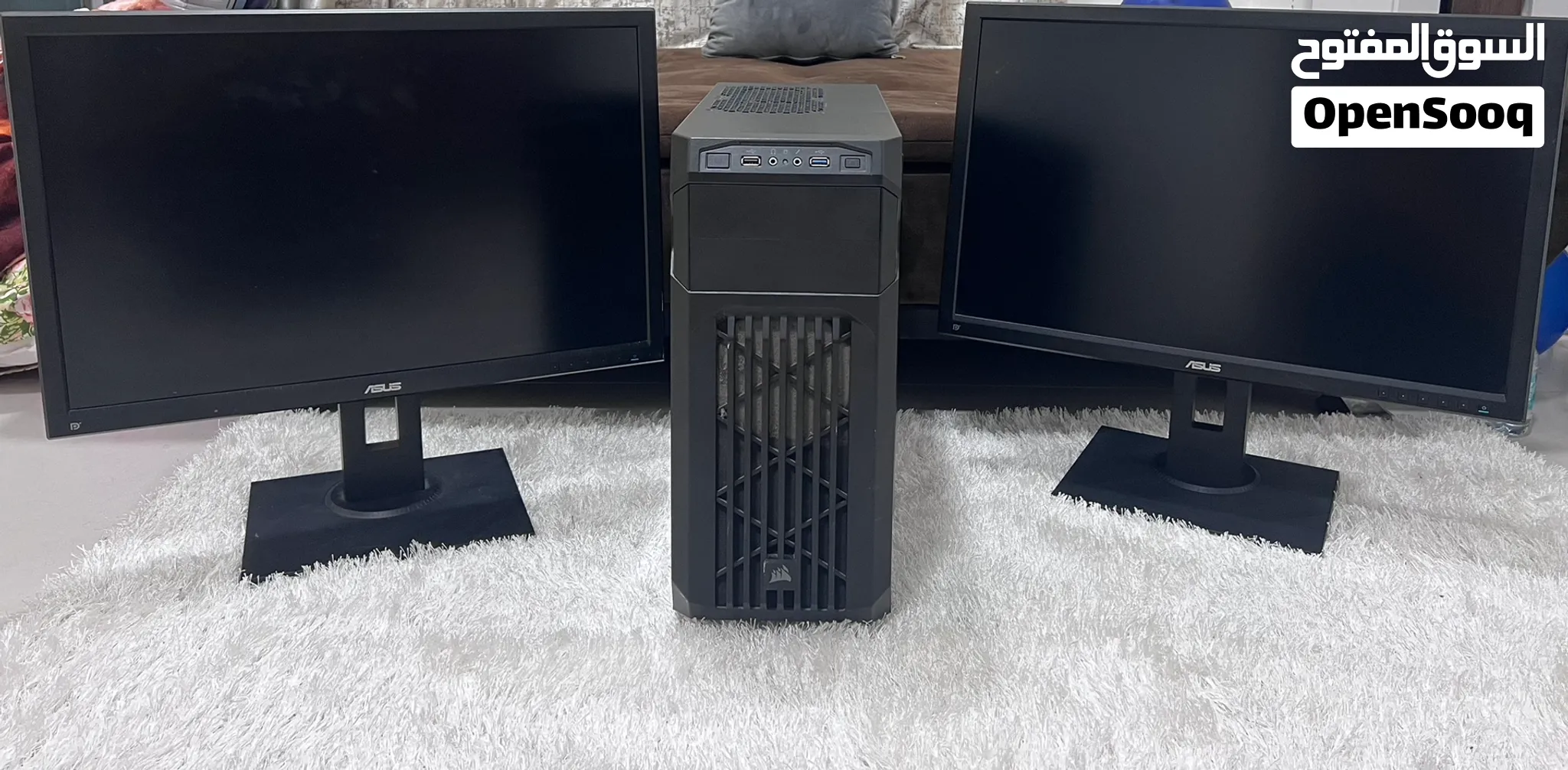 gaming computer and two ASUS screen