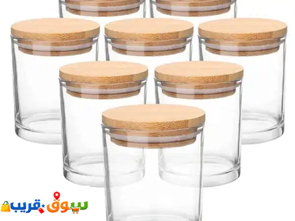 برطمانات زجاجية بأغطية من الخيزران لصنع الشموع، وعلب شموع فارغة بأغطية خشبية وحاويات نظيفة بكميات ...