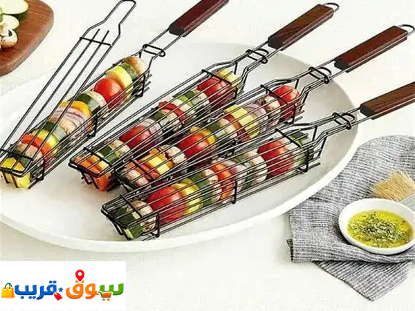 NonStick Kebab Grill Baskets (4Pack) – Carbon Steel, Rosewood Handle